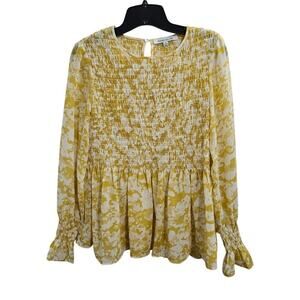 Rose + Olive Yellow Smocked Babydoll Bishop Long Sleeve Top. Size Small